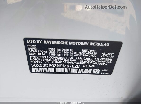 5UX53DP03N9M67828 2022 BMW X3 White Widok komory silnika