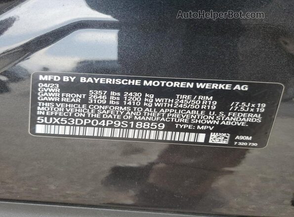 5UX53DP04P9S18859 2023 BMW X3 Gray VIN კოდის სტიკერის ხედი