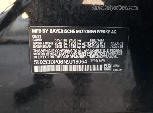 5UX53DP06N9J18064 2022 BMW X3 Black Vista de la etiqueta del VIN