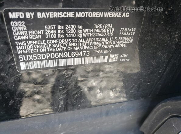 5UX53DP06N9L69473 2022 BMW X3 Black VIN sticker view