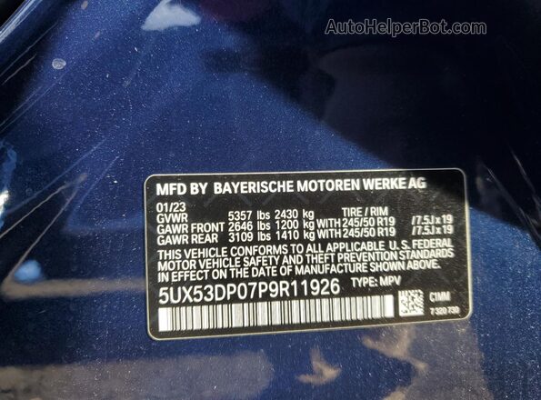 5UX53DP07P9R11926 2023 BMW X3 Blue სალონის 360-გრადუსიანი ხედი
