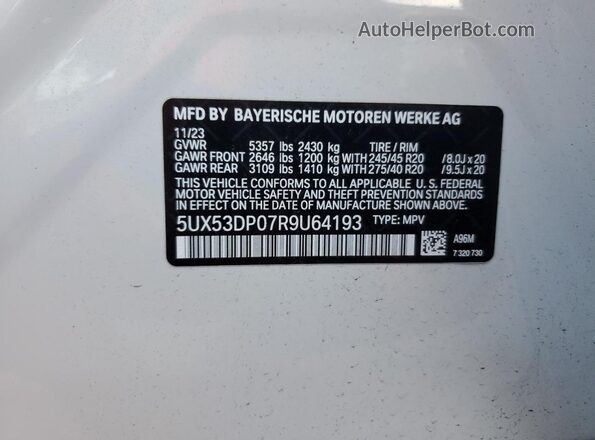 5UX53DP07R9U64193 2024 BMW X3 White Vista interior de 360 grados