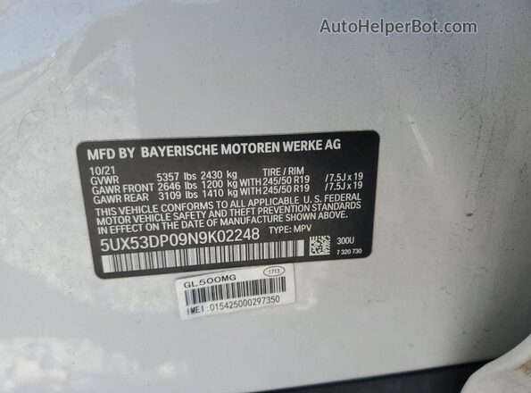 5UX53DP09N9K02248 2022 BMW X3 White Вид наклейки з VIN-кодом