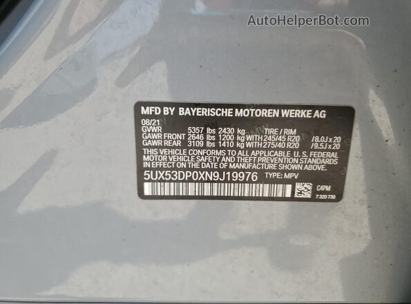 5UX53DP0XN9J19976 2022 BMW X3 Gray Вид наклейки з VIN-кодом