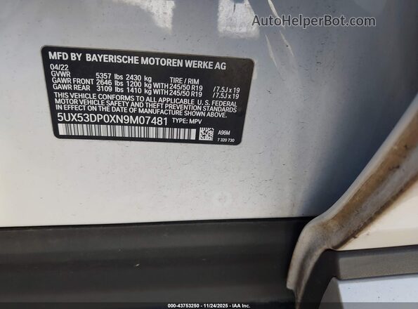 5UX53DP0XN9M07481 2022 BMW X3 White Вид підкапотного простору
