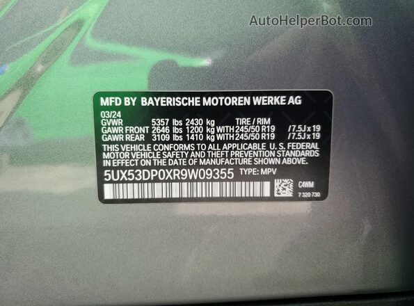 5UX53DP0XR9W09355 2024 BMW X3 Gray Շարժիչի բաժամունքի տեսք