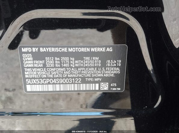 5UX53GP04S9003122 2025 BMW X3 Black Շարժիչի բաժամունքի տեսք