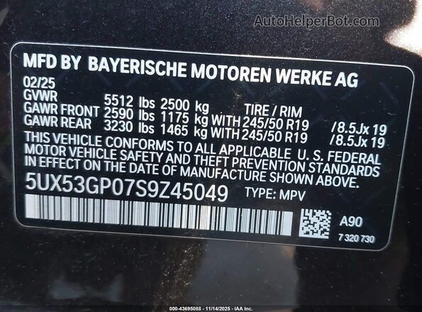 5UX53GP07S9Z45049 2025 BMW X3 Black Engine compartment view