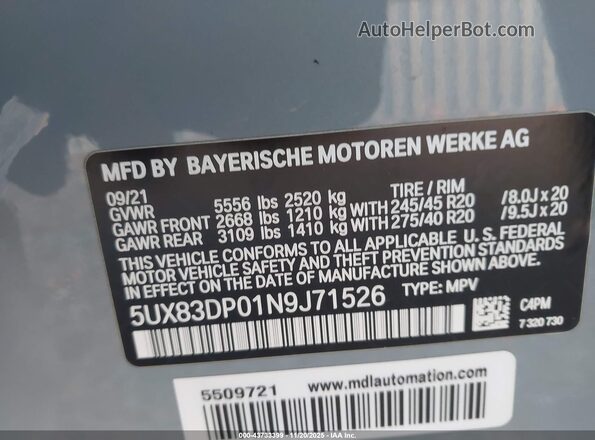 5UX83DP01N9J71526 2022 BMW X3 Gray Engine compartment view