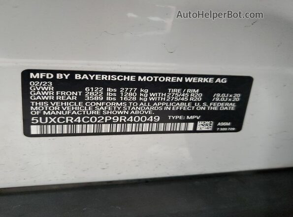 5UXCR4C02P9R40049 2023 BMW X5 White 360 interior view