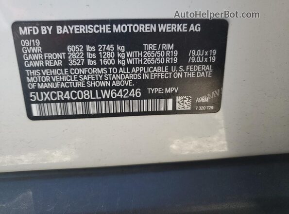 5UXCR4C08LLW64246 2020 BMW X5 White Вид наклейки з VIN-кодом