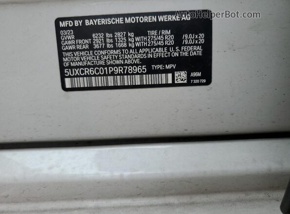 5UXCR6C01P9R78965 2023 BMW X5 White VIN կոդի պիտակի տեսք