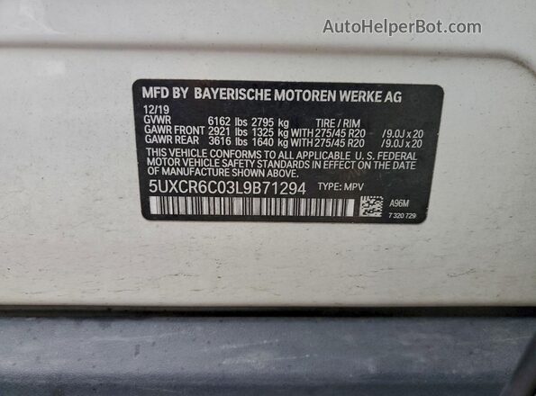 5UXCR6C03L9B71294 2020 BMW X5 Белый Вид наклейки с VIN-кодом