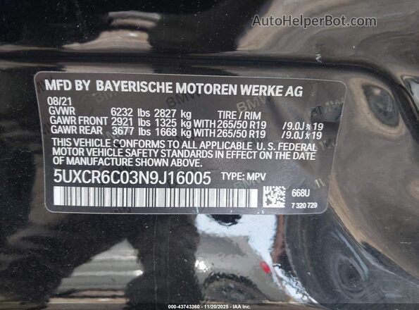 5UXCR6C03N9J16005 2022 BMW X5 Black Vista del compartimento del motor