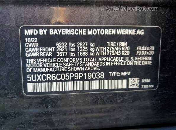5UXCR6C05P9P19038 2023 BMW X5 Gray VIN կոդի պիտակի տեսք