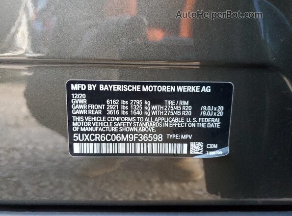 5UXCR6C06M9F36598 2021 BMW X5 Green VIN sticker view