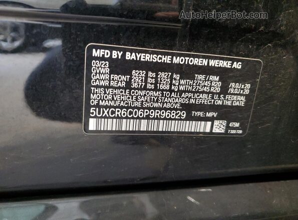 5UXCR6C06P9R96829 2023 BMW X5 Black VIN sticker view
