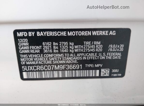 5UXCR6C07M9F36691 2021 BMW X5 White Շարժիչի բաժամունքի տեսք