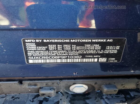 5UXCR6C08P9P10382 2023 BMW X5 Blue Vista de la etiqueta del VIN