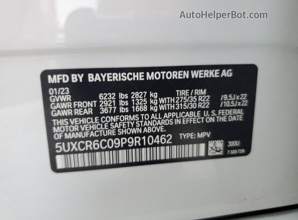 5UXCR6C09P9R10462 2023 BMW X5 White Widok naklejki z numerem VIN