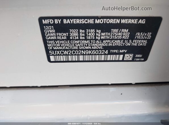 5UXCW2C02N9K60324 2022 BMW X7 White Շարժիչի բաժամունքի տեսք