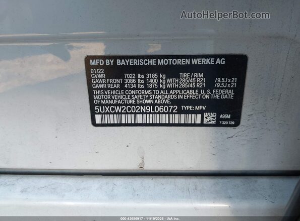 5UXCW2C02N9L06072 2022 BMW X7 White Вид підкапотного простору