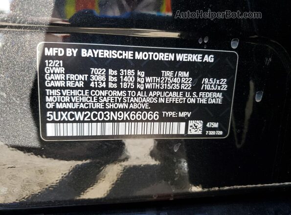 5UXCW2C03N9K66066 2022 BMW X7 Black VIN sticker view
