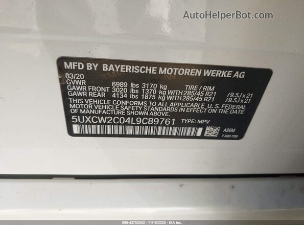5UXCW2C04L9C89761 2020 BMW X7 White 