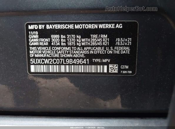 5UXCW2C07L9B49641 2020 BMW X7 Navy 