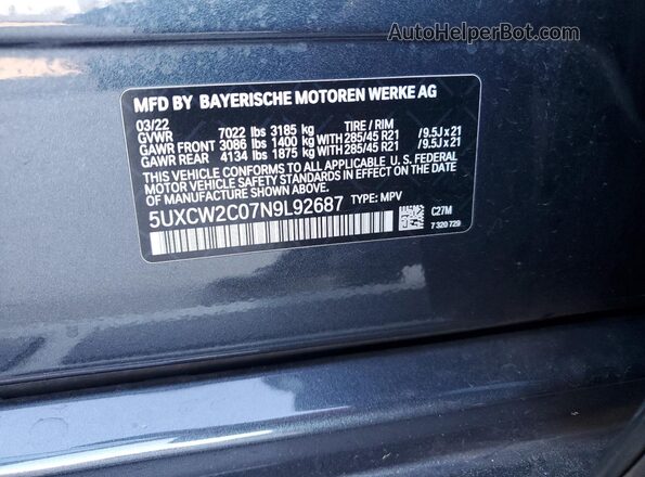 5UXCW2C07N9L92687 2022 BMW X7 Gray Вид наклейки з VIN-кодом