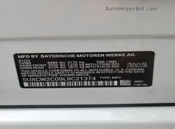 5UXCW2C09L9C21374 2020 BMW X7 White VIN կոդի պիտակի տեսք