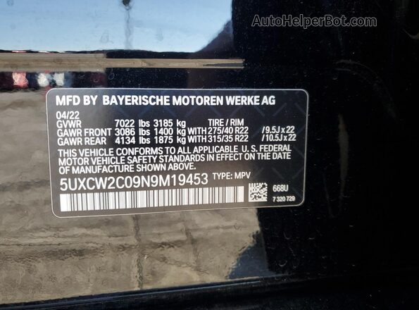 5UXCW2C09N9M19453 2022 BMW X7 Black VIN կոդի պիտակի տեսք