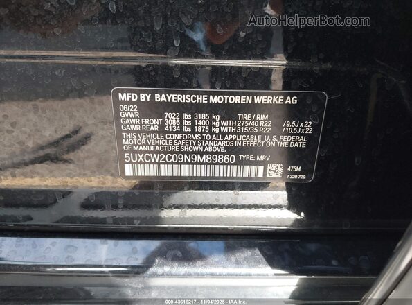 5UXCW2C09N9M89860 2022 BMW X7 Black 