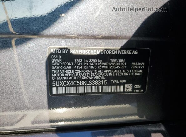 5UXCX4C58KLS38315 2019 BMW X7 Charcoal VIN կոդի պիտակի տեսք