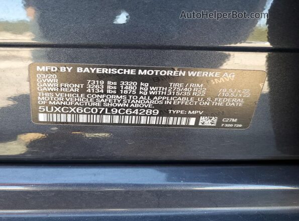 5UXCX6C07L9C64289 2020 BMW X7 Gray VIN կոդի պիտակի տեսք