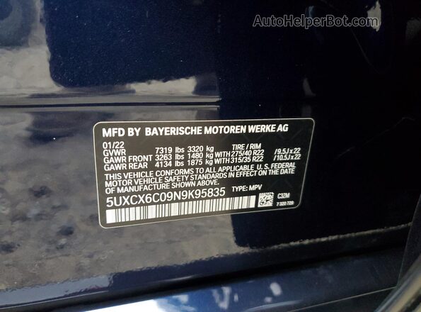 5UXCX6C09N9K95835 2022 BMW X7 Blue VIN sticker view