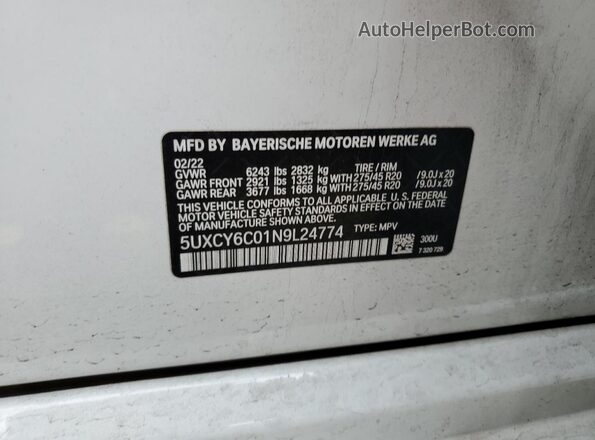5UXCY6C01N9L24774 2022 BMW X6 White Вид наклейки з VIN-кодом