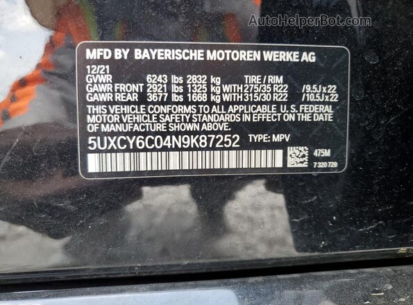 5UXCY6C04N9K87252 2022 BMW X6 Black Widok komory silnika