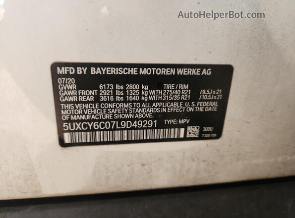 5UXCY6C07L9D49291 2020 BMW X6 Белый Вид наклейки с VIN-кодом