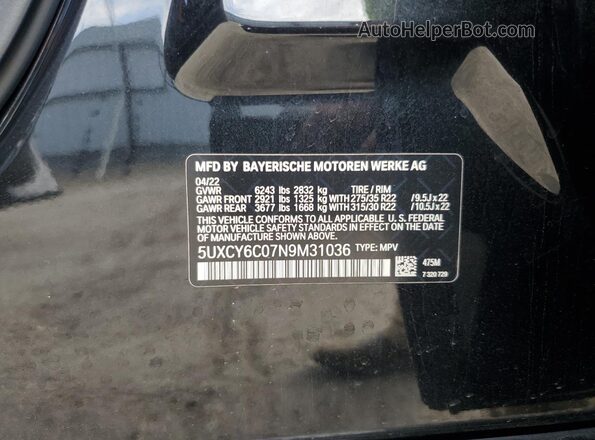 5UXCY6C07N9M31036 2022 BMW X6 Black VIN sticker view