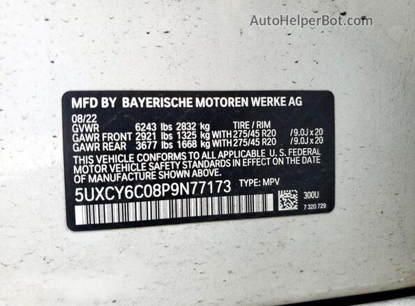 5UXCY6C08P9N77173 2023 BMW X6 White Widok wnętrza 360 stopni