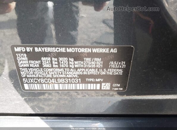 5UXCY8C04L9B31031 2020 BMW X6 Gray 