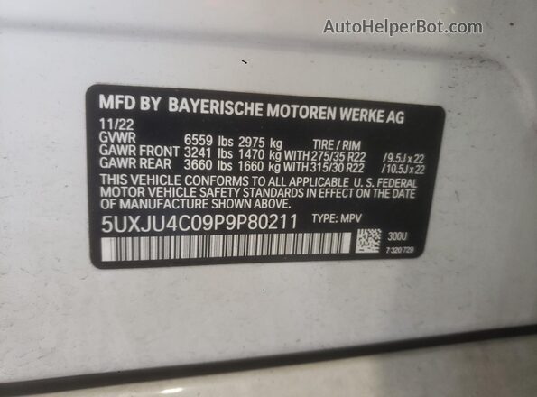 5UXJU4C09P9P80211 2023 BMW X5 White VIN sticker view