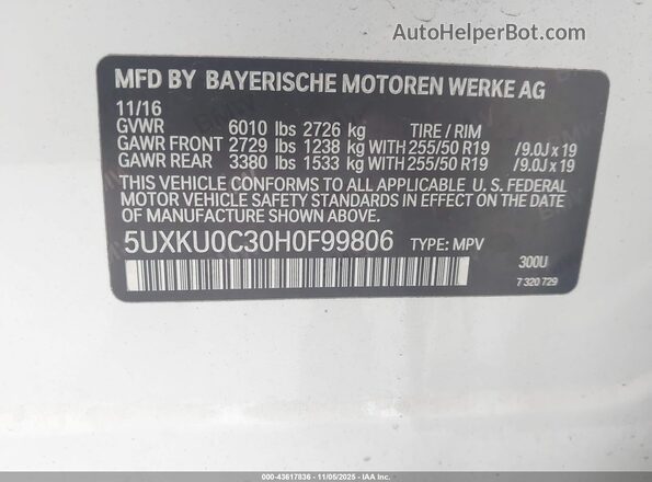 5UXKU0C30H0F99806 2017 BMW X6 White ძრავის განყოფილების ხედი