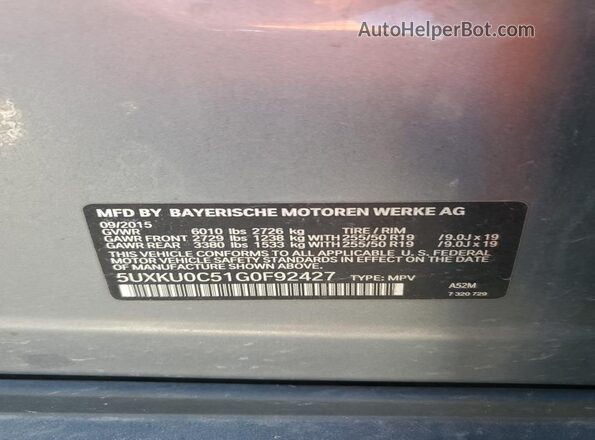 5UXKU0C51G0F92427 2016 BMW X6 Silver Widok naklejki z numerem VIN