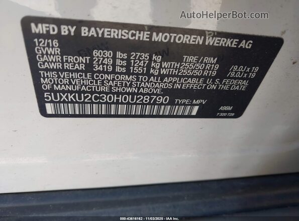 5UXKU2C30H0U28790 2017 BMW X6 White 