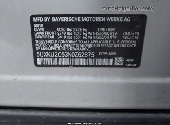 5UXKU2C53K0Z62875 2019 BMW X6 Silver Вид підкапотного простору