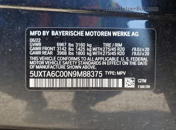 5UXTA6C00N9M88375 2022 BMW X5 Gray 360 interior view