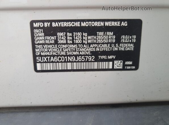 5UXTA6C01N9J65792 2022 BMW X5 White Widok wnętrza 360 stopni