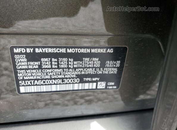 5UXTA6C0XN9L30030 2022 BMW X5 Серый Вид наклейки с VIN-кодом
